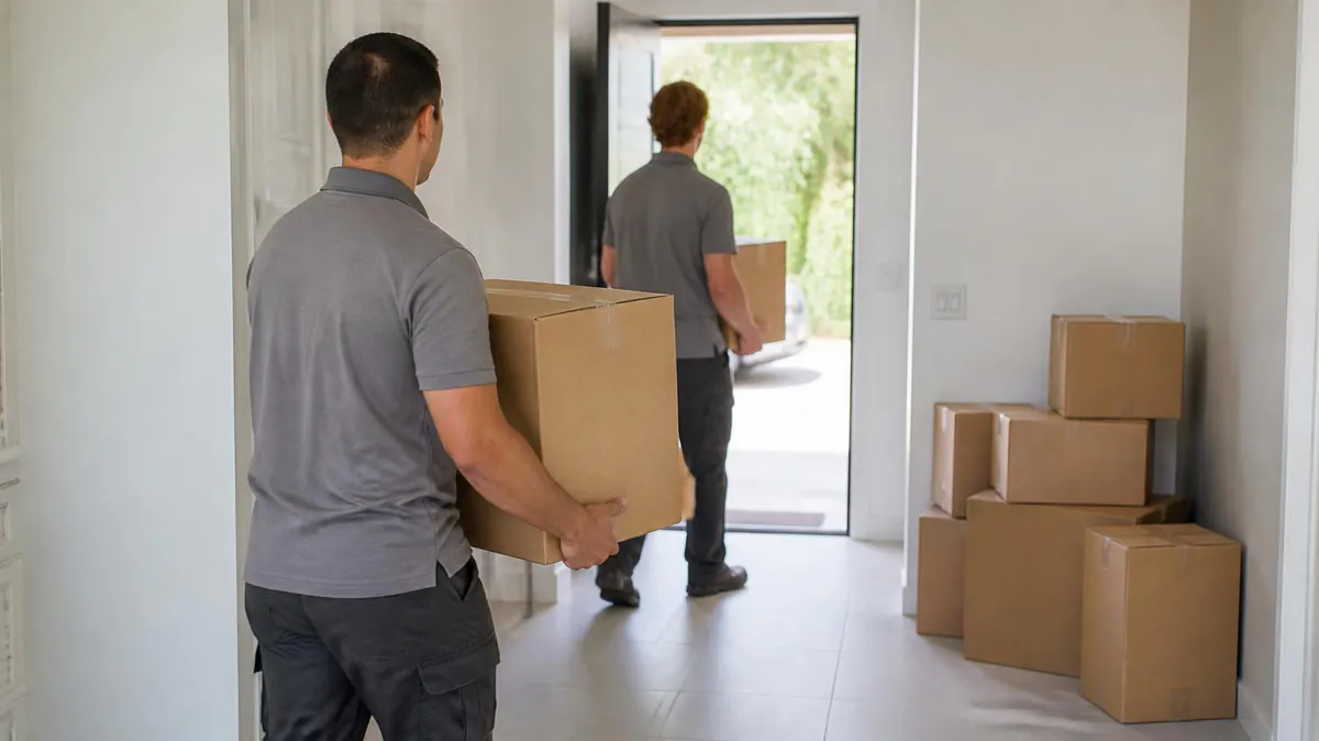 Two movers carrying packed cartons through a home during an expat household move in Kuala Lumpur